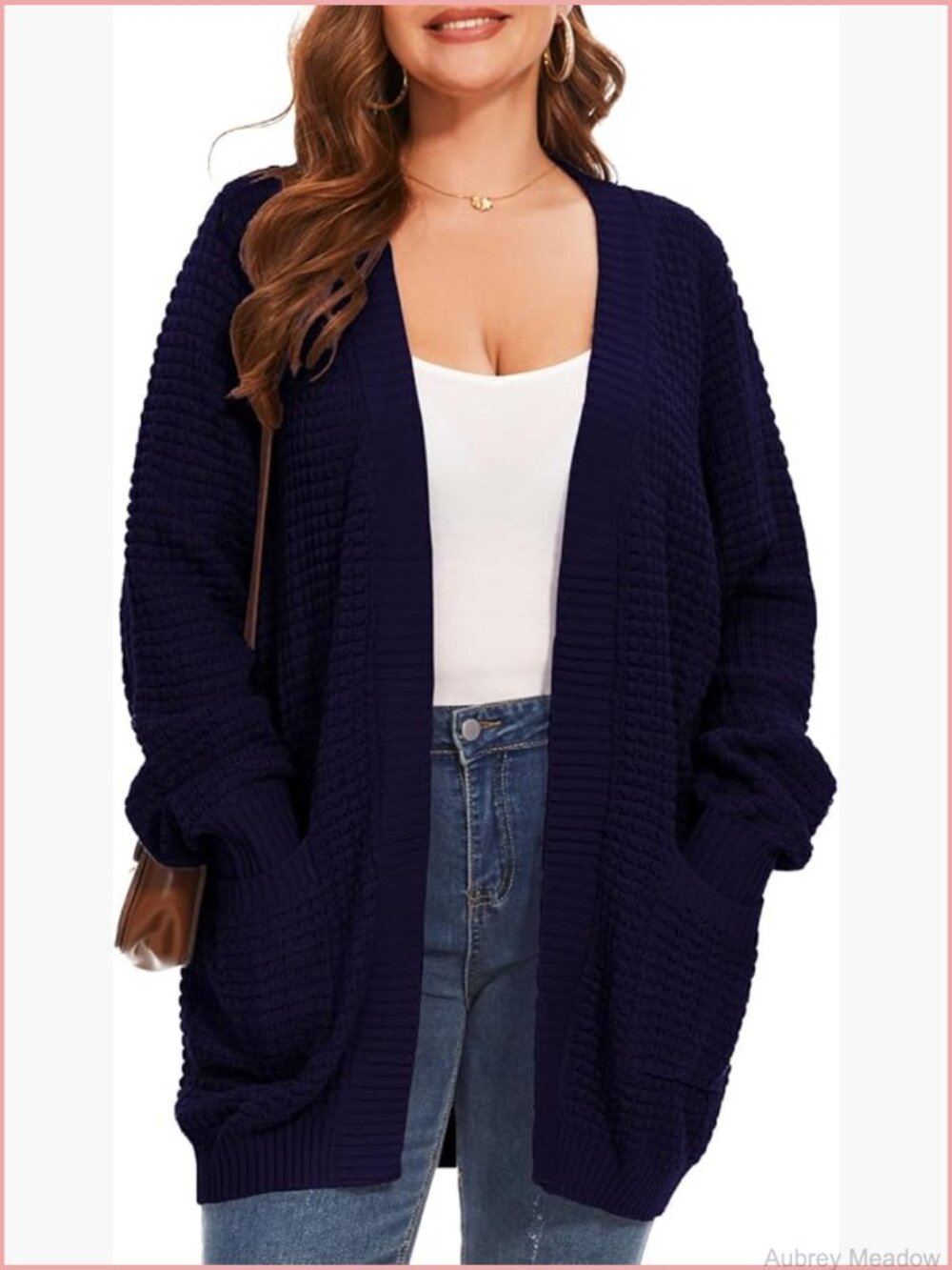 Plus Size Waffle Knit Open Front Cardigan with Pockets Long Sleeve